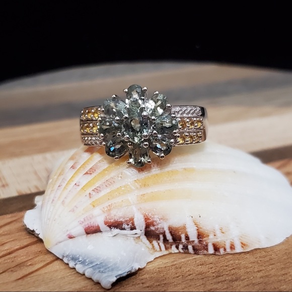 Prasiolite & Yellow Topaz 925 Sterling Silver Ring Size 8 - Picture 3 of 16